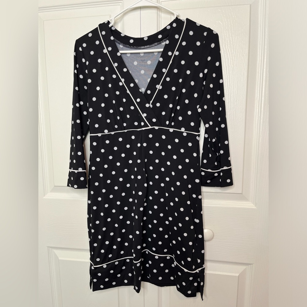 Lands' End Black Polka Dot Stretch Jersey Knit Dress Size XXS 00-0 3/4 Sleeve‎